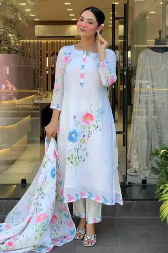 White Floral Printed Round Neck  silk blend Kurta With Trouser & Dupatta