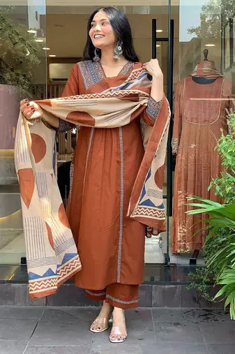 floral printed brown v-neck pure cotton kurta with trouser & dupatta