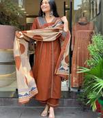 floral printed brown v-neck pure cotton kurta with trouser & dupatta