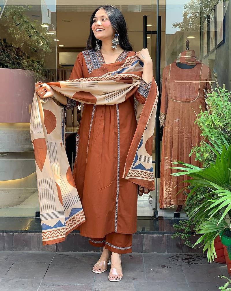 Aaysa floral printed brown v-neck pure cotton kurta with trouser & dupatta