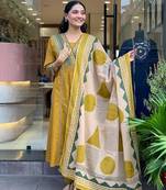 Yellow Floral Printed V-Neck Pure Cotton Kurta With Trouser & Dupatta