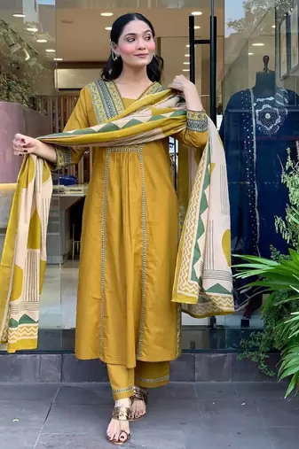 Yellow Floral Printed V-Neck  Cotton Kurta With Trouser & Dupatta