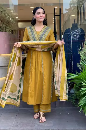Yellow Floral Printed V-Neck  Cotton Kurta With Trouser & Dupatta