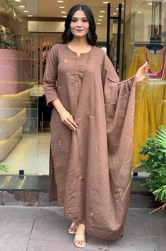 Brown Floral Embroidered Round Neck Pure Cotton Kurta With Trouser & Dupatta