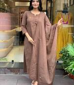 Brown Floral Embroidered Round Neck Pure Cotton Kurta With Trouser & Dupatta