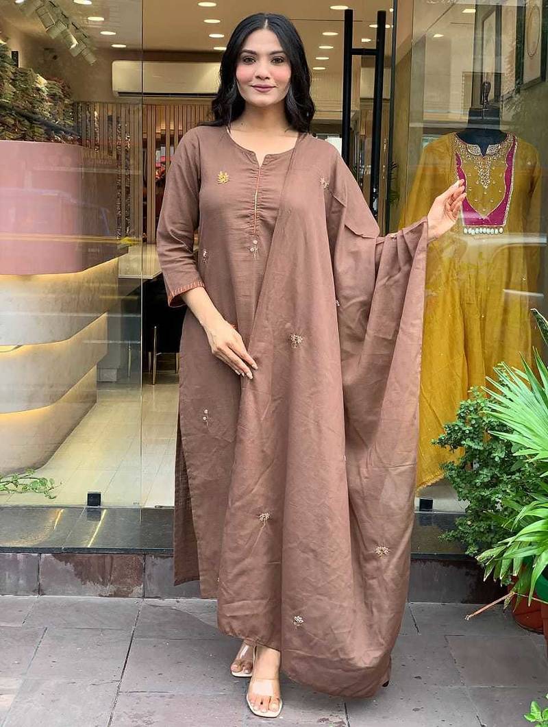 Brown Floral Embroidered Round Neck Pure Cotton Kurta With Trouser & Dupatta