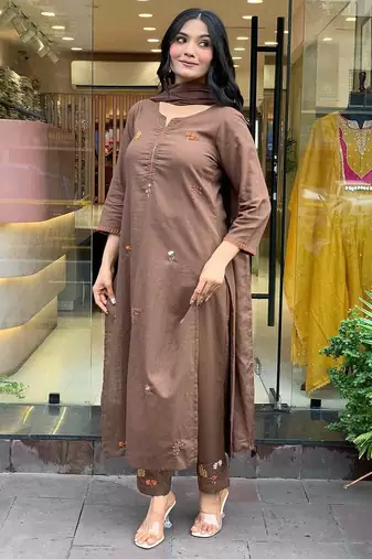 Brown Floral Embroidered Round Neck  Cotton Kurta With Trouser & Dupatta