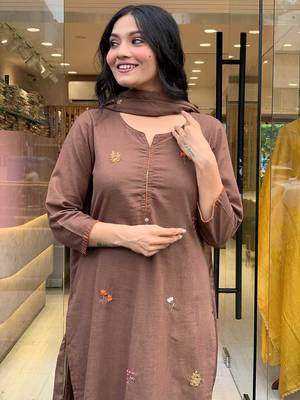 Brown Floral Embroidered Round Neck  Cotton Kurta With Trouser & Dupatta 3