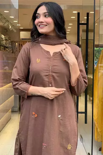 Brown Floral Embroidered Round Neck  Cotton Kurta With Trouser & Dupatta