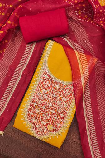 Yellow premium roman cotton embroidered unstitched dress material