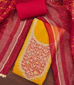 Yellow premium roman cotton embroidered unstitched dress material