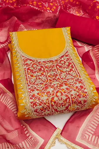 Yellow premium roman cotton embroidered unstitched dress material