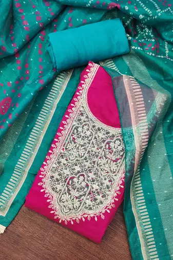 Magenta premium roman cotton embroidered unstitched dress material