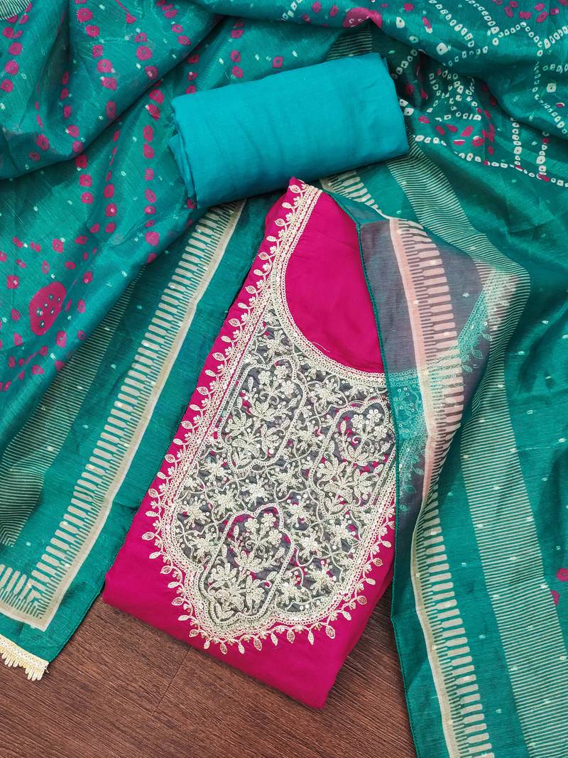 Magenta premium roman cotton embroidered unstitched dress material