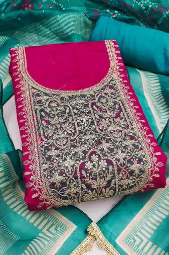 Magenta premium roman cotton embroidered unstitched dress material