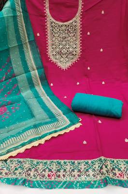 Magenta premium roman cotton embroidered unstitched dress material 3