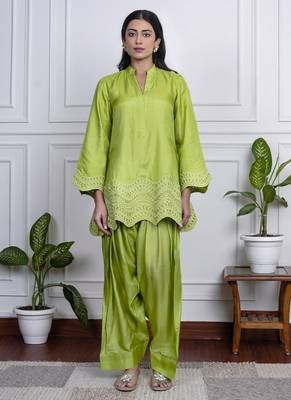 Parrot-green art silk lace salwar-kameez 1