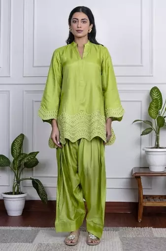 Parrot-green art silk lace salwar-kameez