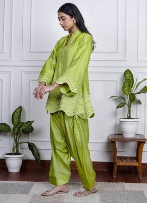 Parrot-green art silk lace salwar-kameez 2