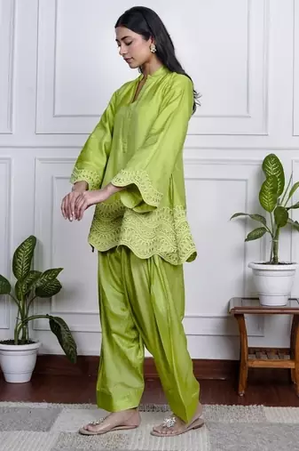Parrot-green art silk lace salwar-kameez