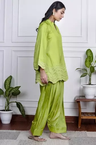 Parrot-green art silk lace salwar-kameez