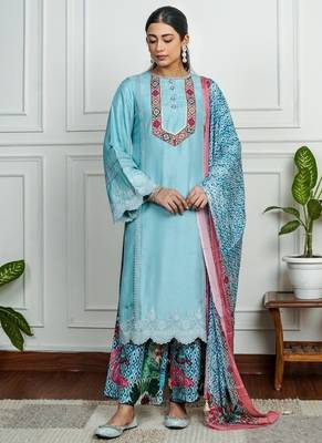 Sky-blue art silk printed salwar-kameez 1