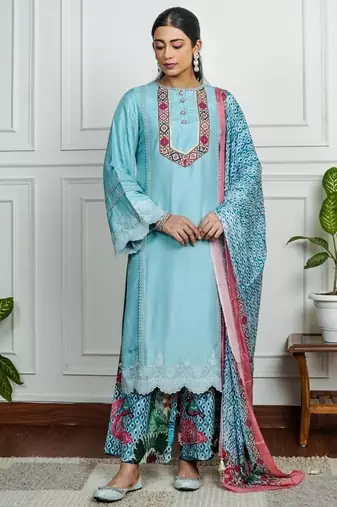 Sky-blue art silk printed salwar-kameez