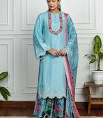 Sky-blue art silk printed salwar-kameez
