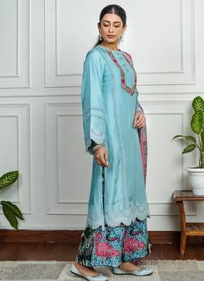 Sky-blue art silk printed salwar-kameez 2