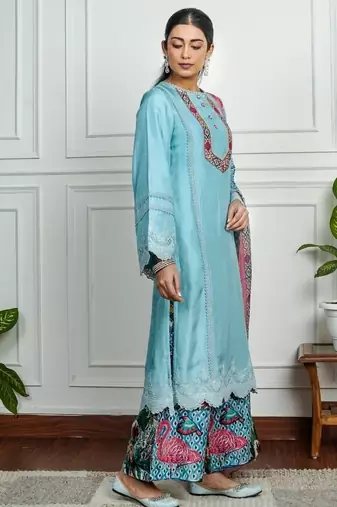 Sky-blue art silk printed salwar-kameez