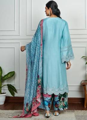 Sky-blue art silk printed salwar-kameez 3