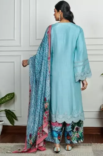 Sky-blue art silk printed salwar-kameez