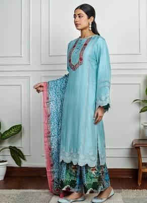 Sky-blue art silk printed salwar-kameez 4