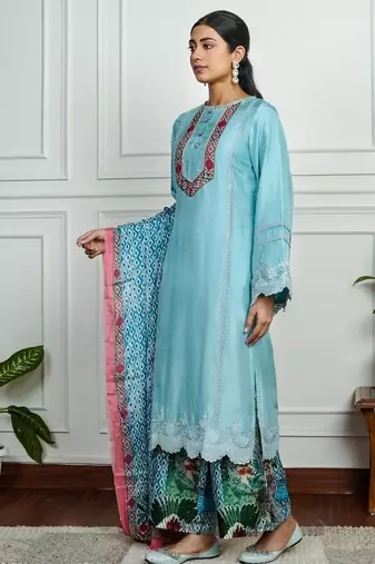 Sky-blue art silk printed salwar-kameez