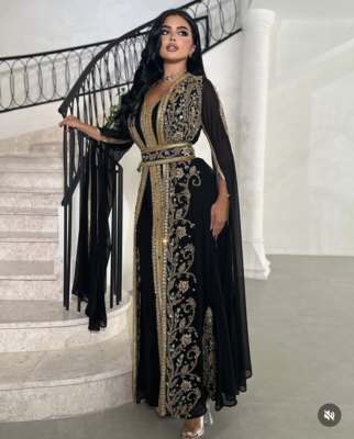  Black Moroccan Stitched Kaftan with Golden Hand Embroidery & Sheer Cape Sleeves Premium Designer Dress 1