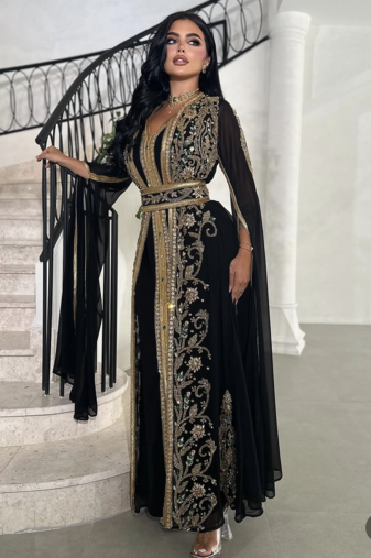  Black Moroccan Stitched Kaftan with Golden Hand Embroidery & Sheer Cape Sleeves Premium Designer Dress