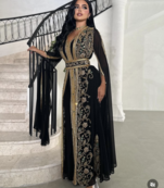  Black Moroccan Stitched Kaftan with Golden Hand Embroidery & Sheer Cape Sleeves Premium Designer Dress