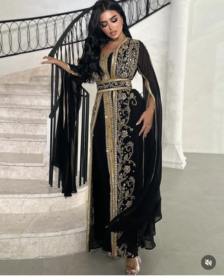  Black Moroccan Stitched Kaftan with Golden Hand Embroidery & Sheer Cape Sleeves Premium Designer Dress 2