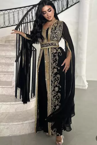  Black Moroccan Stitched Kaftan with Golden Hand Embroidery & Sheer Cape Sleeves Premium Designer Dress