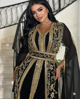 Black Moroccan Stitched Kaftan with Golden Hand Embroidery & Sheer Cape Sleeves Premium Designer Dress 3