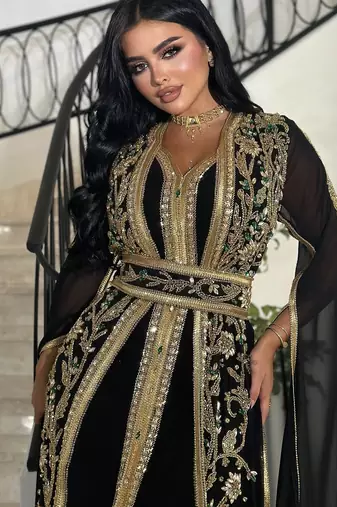  Black Moroccan Stitched Kaftan with Golden Hand Embroidery & Sheer Cape Sleeves Premium Designer Dress