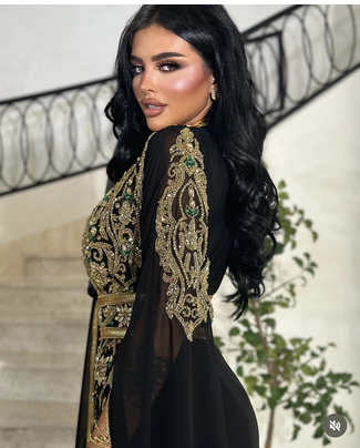  Black Moroccan Stitched Kaftan with Golden Hand Embroidery & Sheer Cape Sleeves Premium Designer Dress 4