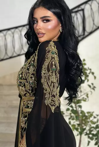  Black Moroccan Stitched Kaftan with Golden Hand Embroidery & Sheer Cape Sleeves Premium Designer Dress