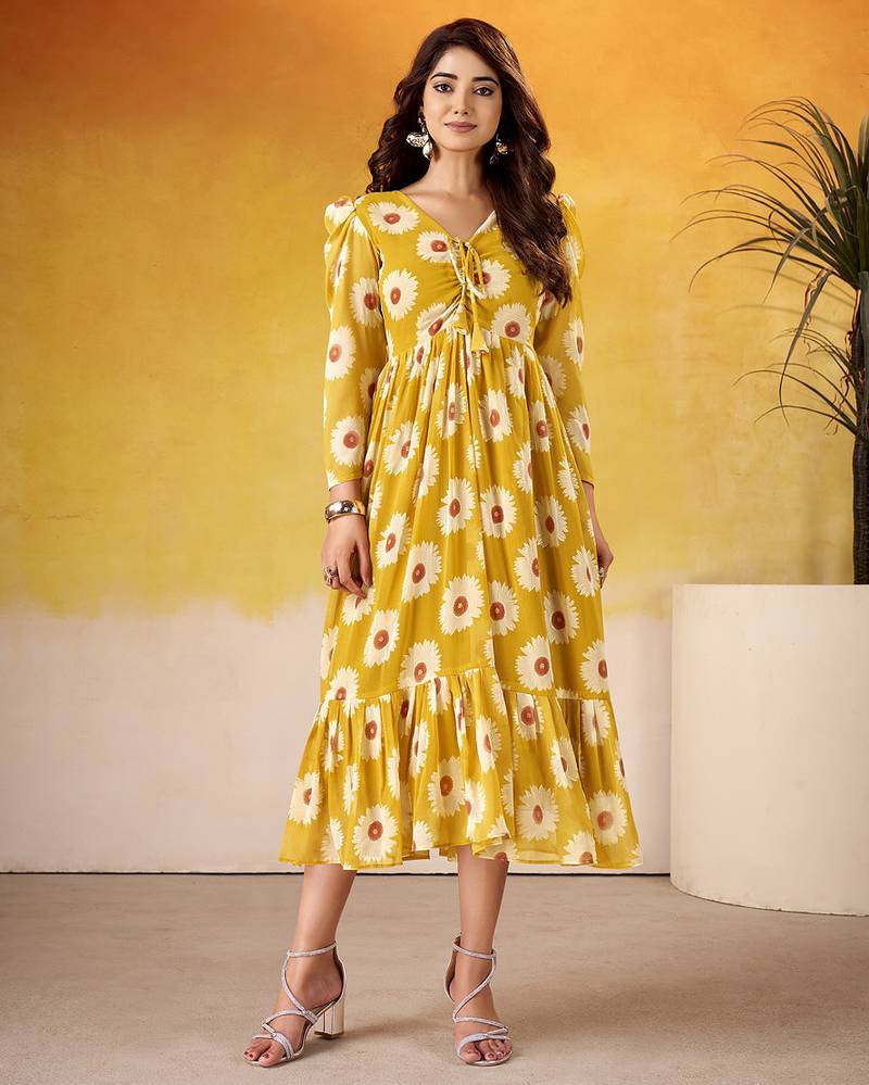 Yellow Floral Frock with Foil Finish