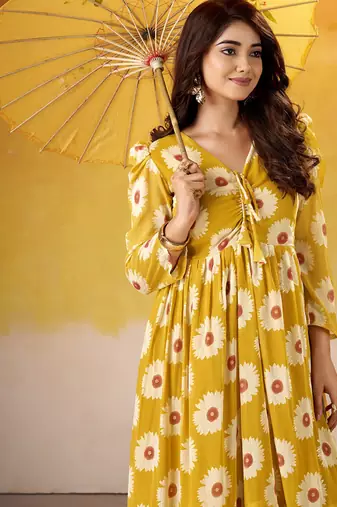 Yellow Floral Frock with Foil Finish