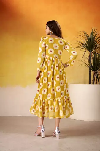 Yellow Floral Frock with Foil Finish