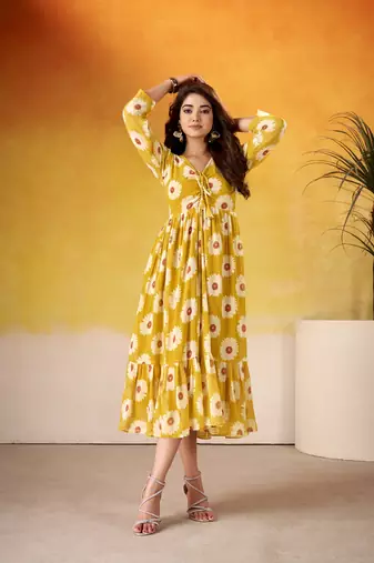 Yellow Floral Frock with Foil Finish