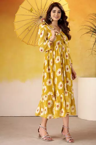 Yellow Floral Frock with Foil Finish