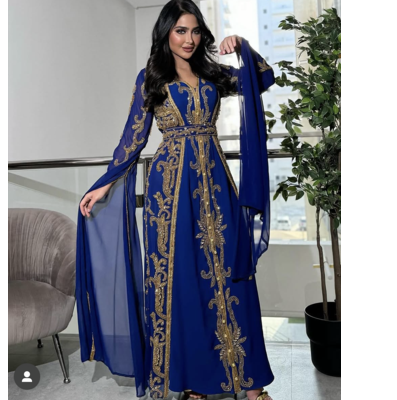 Royal Blue Moroccan Stitched Kaftan with Golden Embroidery & Sheer Cape Sleeves Evening & Wedding Dress 1