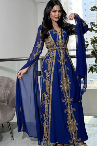 Royal Blue Moroccan Stitched Kaftan with Golden Embroidery & Sheer Cape Sleeves Evening & Wedding Dress